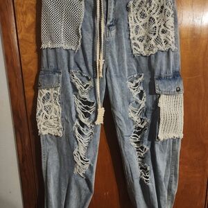 POL Distressed Blue Jeans with Cream Crochet Accents